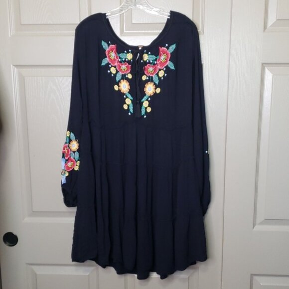 Free People Long Sleeve Black Dress with Colorful Floral Embroidery Size Large - Picture 5 of 6